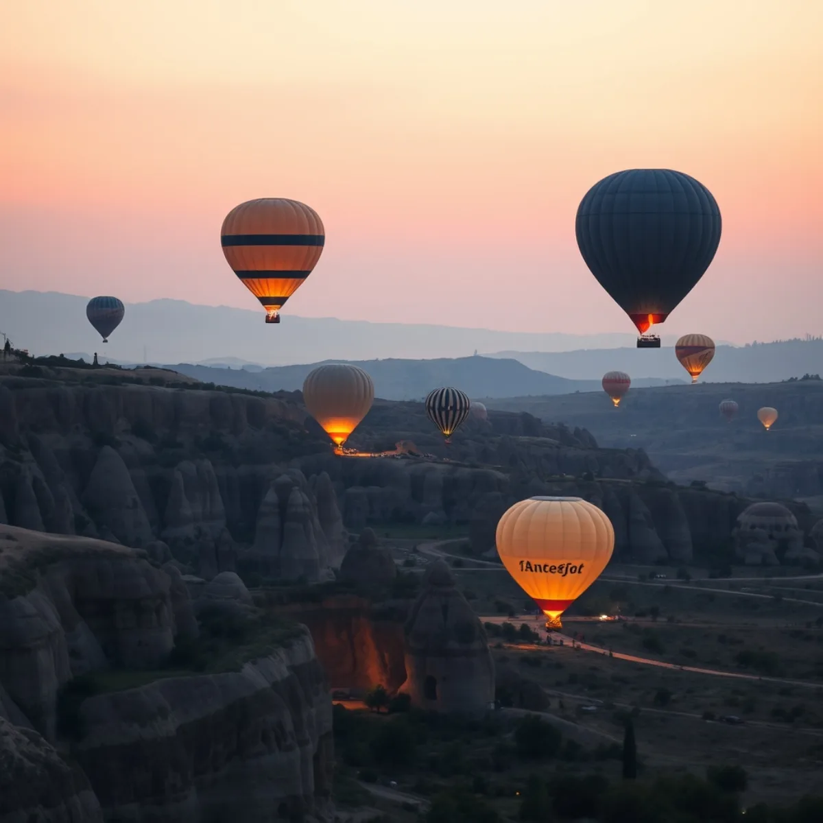 Kapadokya peribacaları ve sıcak hava balonları — şafak
