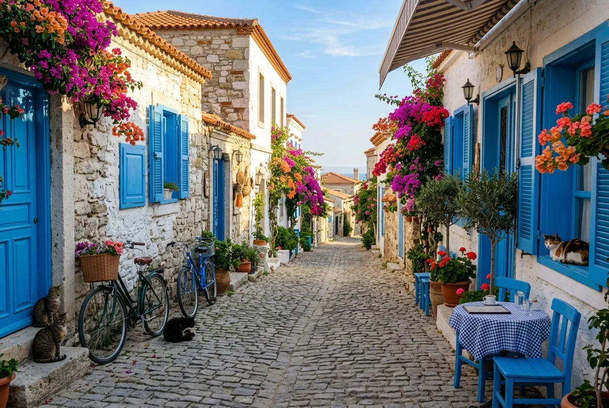 Bozcaada Rum Mahallesi Taş Sokaklar ve Begonviller