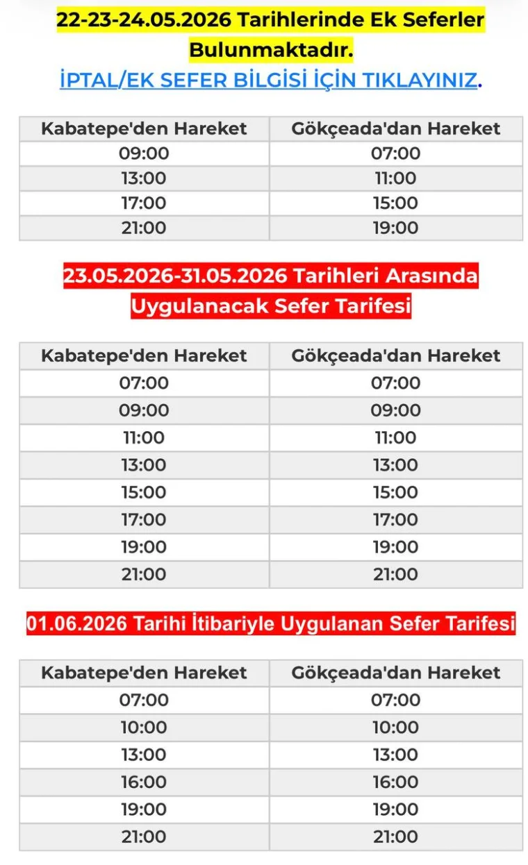 Kabatepe - Gökçeada 2026 yaz sezonu resmi sefer tarifesi: 22-24 Mayıs ek seferler, 23-31 Mayıs geçiş tarifesi ve 1 Haziran itibariyle tam yaz tarifesi